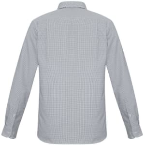 A long-sleeve, button-up shirt in a light grey and white striped pattern, featuring a classic collar and cuffs.
