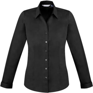 A black women's long sleeve button-up shirt featuring a classic collar and a fitted design. It has a logo on the label.