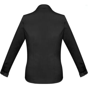 A women's long sleeve button-up shirt in black, featuring a classic collar and a tailored fit. It has a logo.