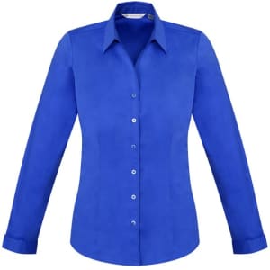 A women's long sleeve button-up shirt in bright blue, featuring a classic collar and button front.