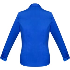A vibrant blue women's button-up long sleeve shirt with a tailored fit and cuffs. Features a logo on the design.