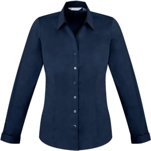 A women's long sleeve button-up shirt in navy blue, featuring a fitted design and a collar, with a logo present.