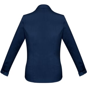 A navy women's button-up shirt featuring long sleeves and a classic collar, with a branded logo.