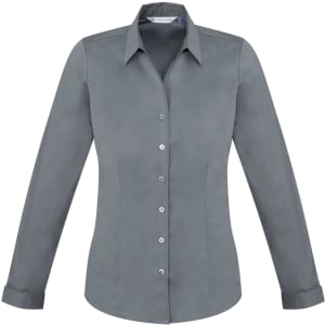 A grey long sleeve button-up shirt for women with a slender fit and a collar. It features a logo.