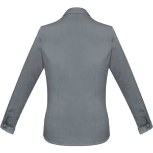 A grey women's button-up shirt with long sleeves, featuring a collar and button cuff details, with branding.