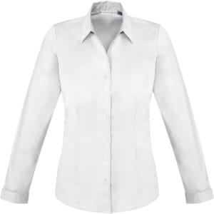 A white women's long sleeve button-up shirt with a collar and a fitted design. It features a logo.