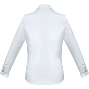 A white long sleeve button-up shirt with a collared neckline and cuffs. The back view highlights its tailored design.