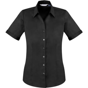 A black short sleeve button-up shirt with a fitted design and rolled sleeves, featuring a logo.