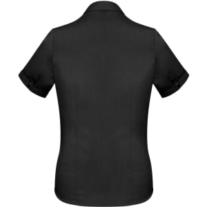 A black short sleeve button-up shirt with a smooth texture and rolled cuffs. Features a logo on the back.