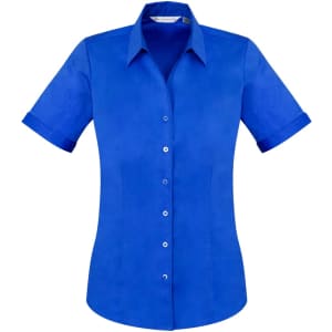 A women's short sleeve button-up shirt in bright blue, featuring a collar and a logo on the chest.