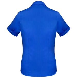 A blue short sleeve women's button-up shirt with a collar and rolled sleeves. Features a logo.