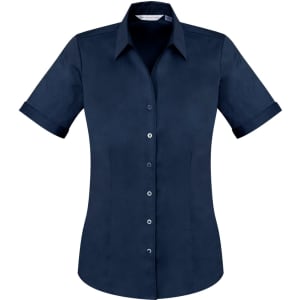 A navy blue women's short sleeve button-up shirt featuring a fitted design and a collar. It has a logo on the chest area.