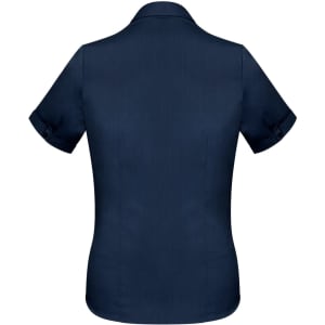 A navy blue women's short sleeve button-up shirt, featuring a smooth fabric and rolled sleeves.