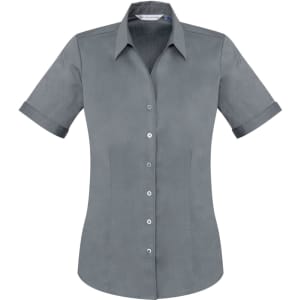 A short sleeve button-up shirt in a grey fabric, featuring a fitted design and a collar. It has a logo displayed.