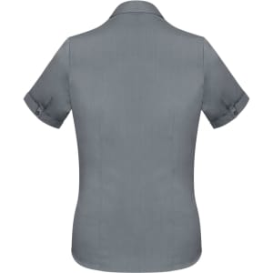A short-sleeve button-up shirt in grey with rolled cuffs and a back view. Features a logo.