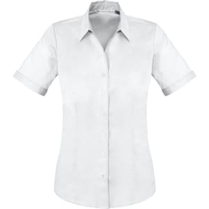 A short-sleeve button-up shirt in white, featuring a collared neckline and a fitted design. It has a logo on the fabric.