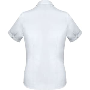 A short sleeve women's button-up shirt in light grey, featuring rolled cuff details and a logo.