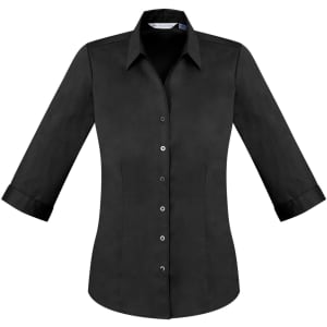 A black women's button-up shirt with 3/4 sleeves and a fitted design, featuring a subtle logo.