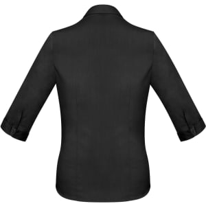A black women's button-up shirt with 3/4 sleeves, featuring a classic collar and rolled cuffs.