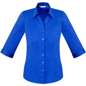 A blue women's button-up shirt with 3/4 sleeves and a collar, featuring a logo on the chest.