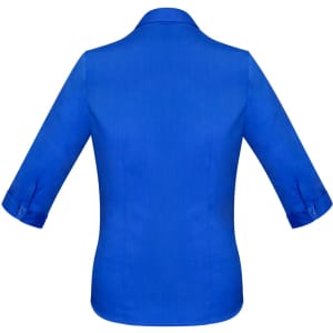 A women's button-up shirt in a bright blue colour with 3/4 sleeves and a collar. Features a logo.