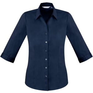 A navy blue women's button-up shirt with 3/4 sleeves and a collared neck. Features a logo on the chest.