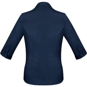A navy blue women's button-up shirt with 3/4 sleeves and a collar, featuring a logo on the back.