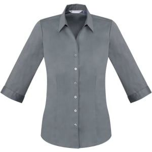 A women's button-up shirt in grey with 3/4 sleeves and a fitted design. It features a collar and buttons down the front.