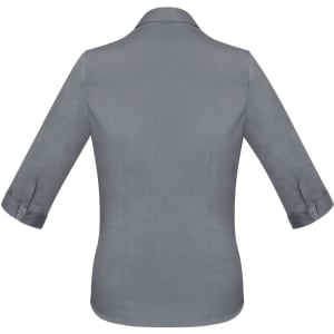 A grey women's button-up shirt with 3/4 sleeves and a collar, featuring a logo on the back.