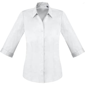A white women's button-up shirt with 3/4 sleeves and a collar, featuring a logo.