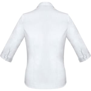 A white women's Monaco 3/4 sleeve button-up shirt with a collared neckline and roll-up cuffs. Features a logo.