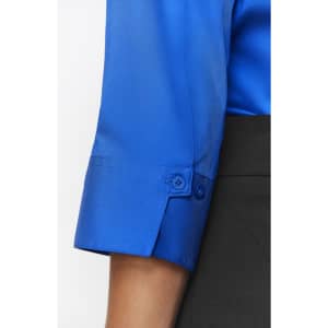 A vibrant blue 3/4 sleeve button-up shirt with a stylish cuff detail and a logo.