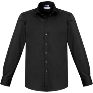 A black long sleeve button-up shirt featuring a chest pocket and a logo on the collar.