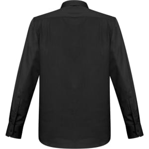 A black long sleeve button-up shirt with a classic collar and buttoned cuffs, featuring a logo on the back.