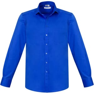 A vibrant blue long sleeve button-up shirt with a single pocket and a collar, featuring branded details.