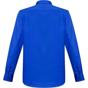 A blue long sleeve button-up shirt featuring a back view and button detailing on the cuffs.