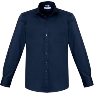 A navy long sleeve button-up shirt with a single chest pocket and a collar. It features a logo on the label.