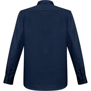 A navy blue long sleeve button-up shirt with a collar and cuffed sleeves. Features a logo.