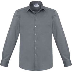 A grey long sleeve button-up shirt with a breast pocket and a logo on the collar.