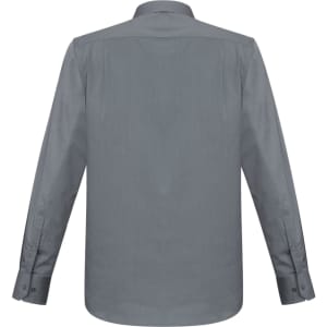 A grey long sleeve button-up shirt featuring a back view and a logo on the collar.