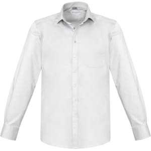 A long sleeve button-up shirt in white featuring a pocket and a logo on the collar.