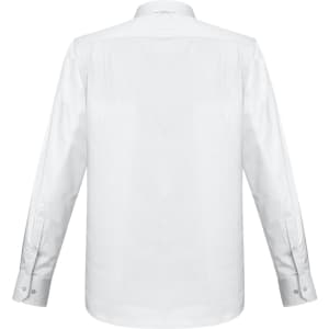 A white long sleeve button-up shirt featuring a classic collar and multiple buttons at the cuffs.