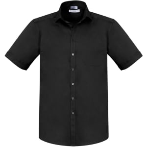 A short sleeve black button-up shirt with a front pocket and a branded label on the collar.