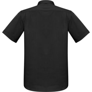 A black short sleeve button-up shirt with a collar, featuring a back view and a branding logo.