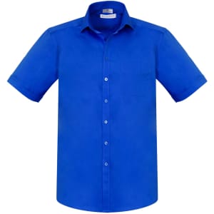 A blue short sleeve button-up shirt with a pocket and a logo on the collar.