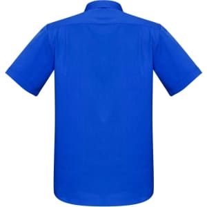 A blue men's short sleeve button-up shirt with a back yoke and collar, featuring a logo.
