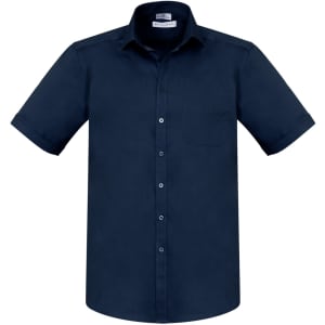 A navy short sleeve button-up shirt featuring a collar and a chest pocket, with a logo on the tag.