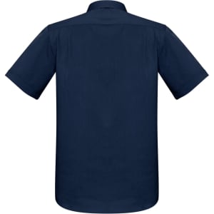 A navy blue short sleeve button-up shirt featuring a back view and a logo on the collar.