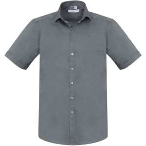 A grey short sleeve button-up shirt with a pocket and a collar, featuring a logo on the label.