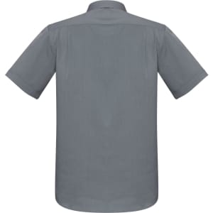 A grey short sleeve button-up shirt with a classic collar and a logo on the back.